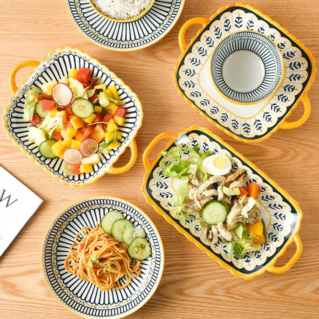 Bát Đĩa Decor Có Tay Cầm Phong Cách Bắc Âu Scandinavia, Đĩa Vuông Có Tay Cầm, Đĩa chữ nhật