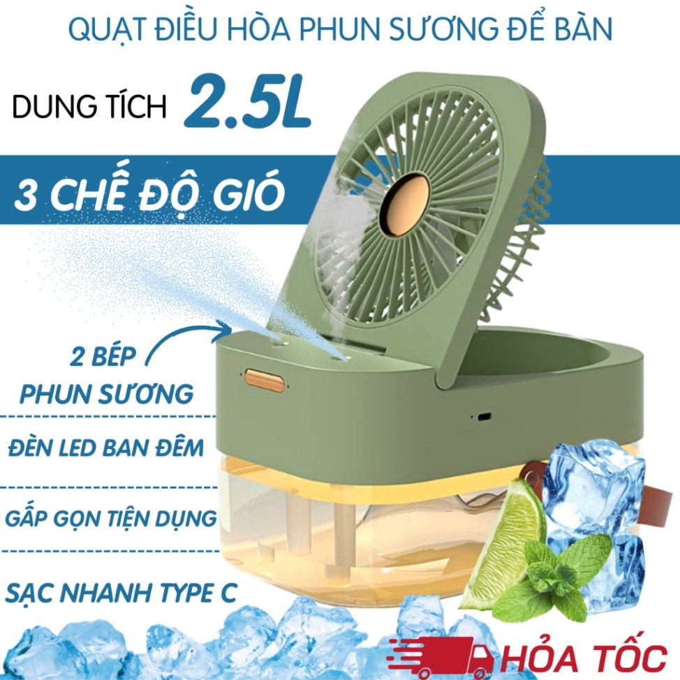 Quạt Điều Hòa Mini phun sương - Quạt Phun Sương Để Bàn Dung Tích Lớn 2,5L Tích hợp đèn Led và điều khiển ( BH 12 THÁNG )