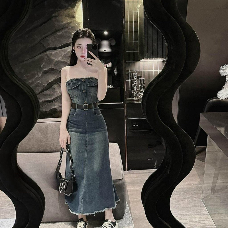 BIGSIZE HIẾU HIẾU ( Đầm jeans ống kèm dây nịt 55-100kg )