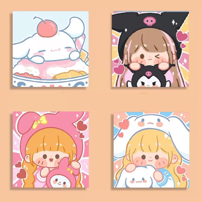 DIY Tranh Tô Màu Số Hóa Khung Gỗ Căng Sẵn 20x20 cm Gấu dâu Kuromi Kitty