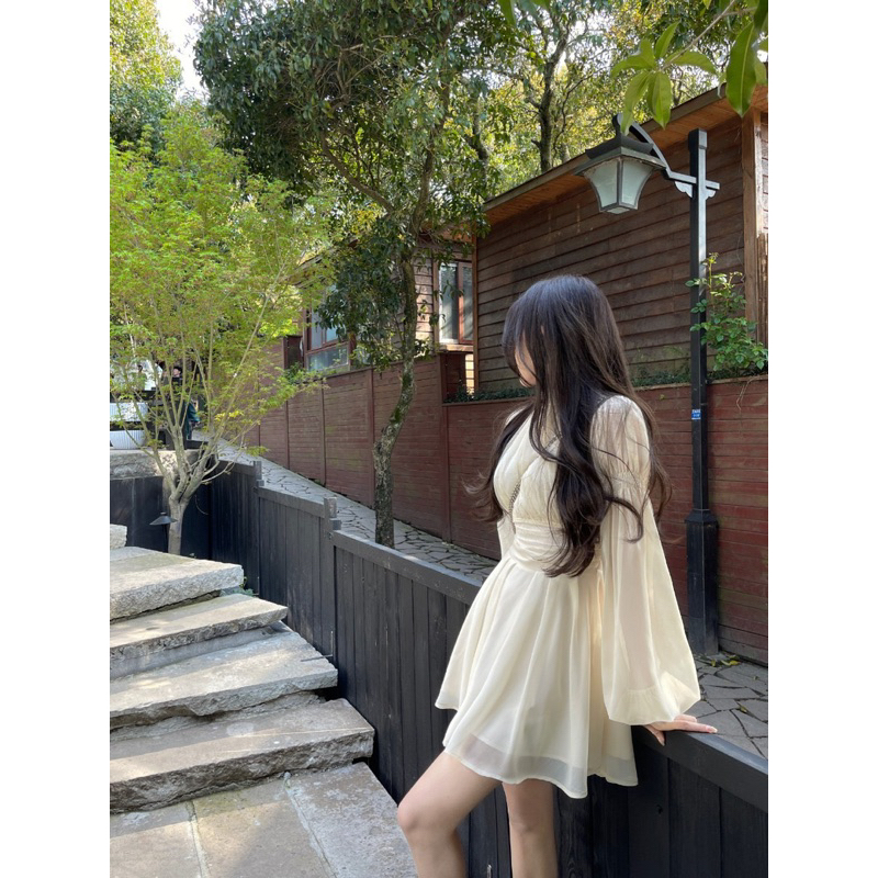 Có Sẵn🖤 Đầm kiểu tiểu thư voan 𝓢𝓮𝓷𝓲 𝓓𝓻𝓮𝓼𝓼 cổ tròn cao tay nhún phồng bo chun thanh lịch nhẹ nhàng quý tộc