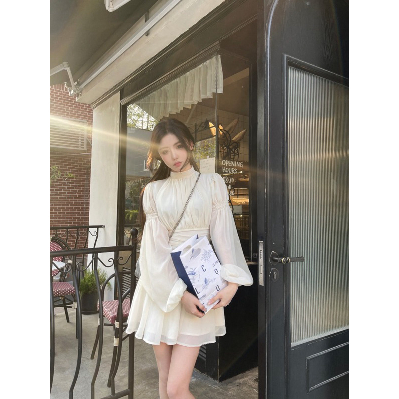 Có Sẵn🖤 Đầm kiểu tiểu thư voan 𝓢𝓮𝓷𝓲 𝓓𝓻𝓮𝓼𝓼 cổ tròn cao tay nhún phồng bo chun thanh lịch nhẹ nhàng quý tộc