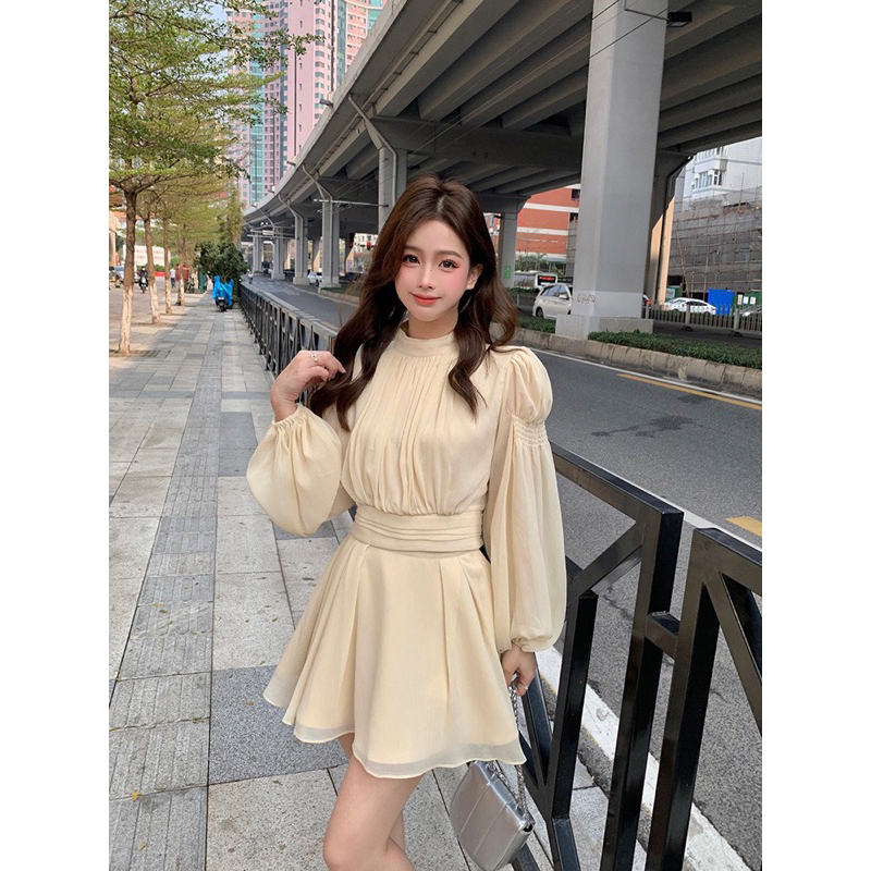 Có Sẵn🖤 Đầm kiểu tiểu thư voan 𝓢𝓮𝓷𝓲 𝓓𝓻𝓮𝓼𝓼 cổ tròn cao tay nhún phồng bo chun thanh lịch nhẹ nhàng quý tộc