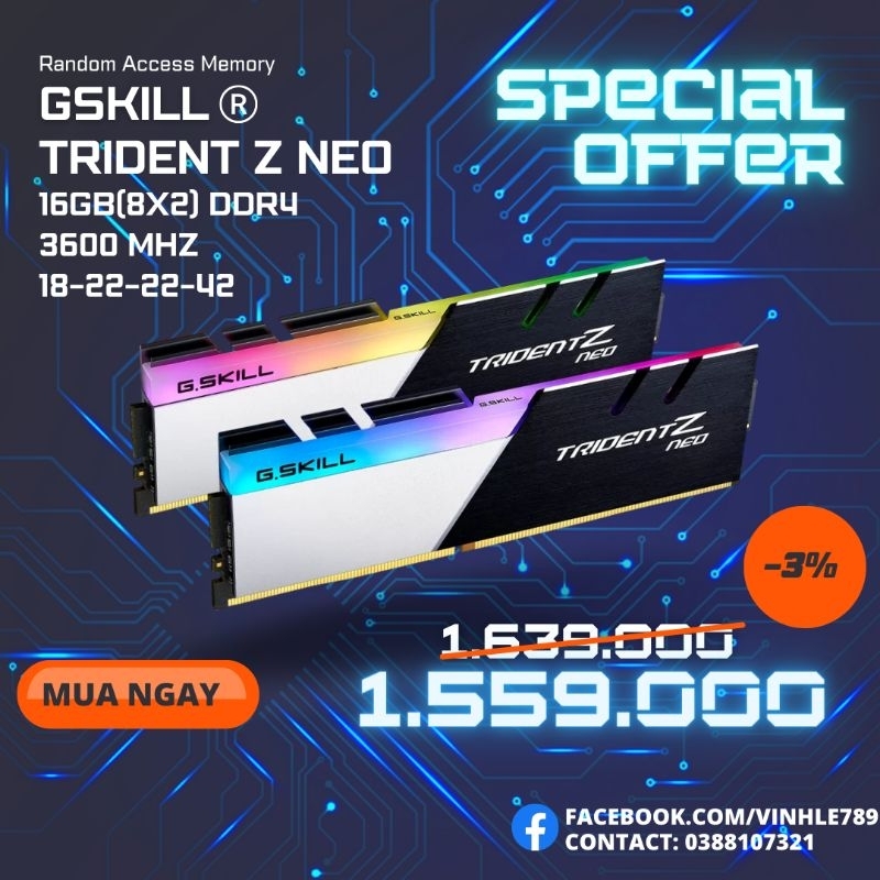 Ram GSKILL Trident Z Neo RGB 16GB - 2x8GB DDR4 Bus 3600 F4-3600C18D-16GTZN | BigBuy360 - bigbuy360.vn