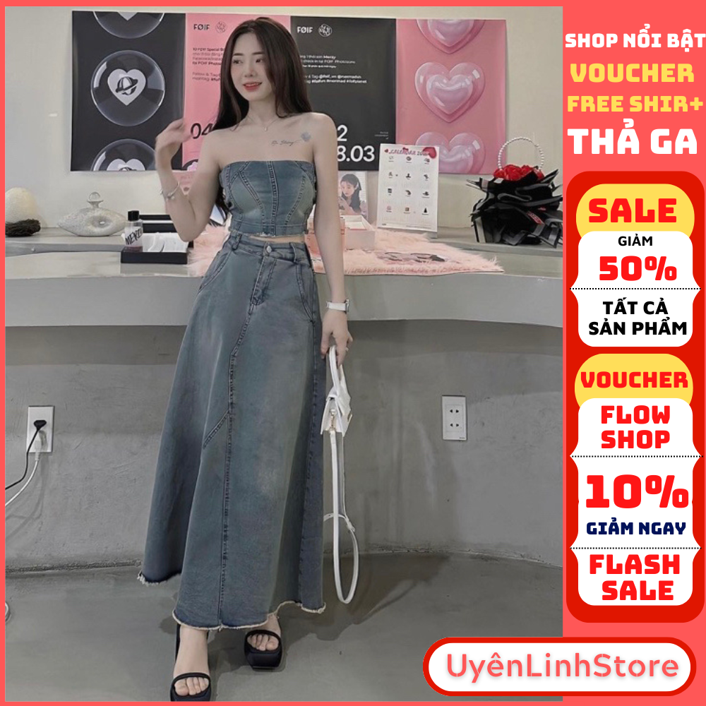 💖FREESHIP💖Set váy - đầm jean bò denim cúp ngực, áo quây ngực chun lưng phối chân váy jean dáng dài siêu hot