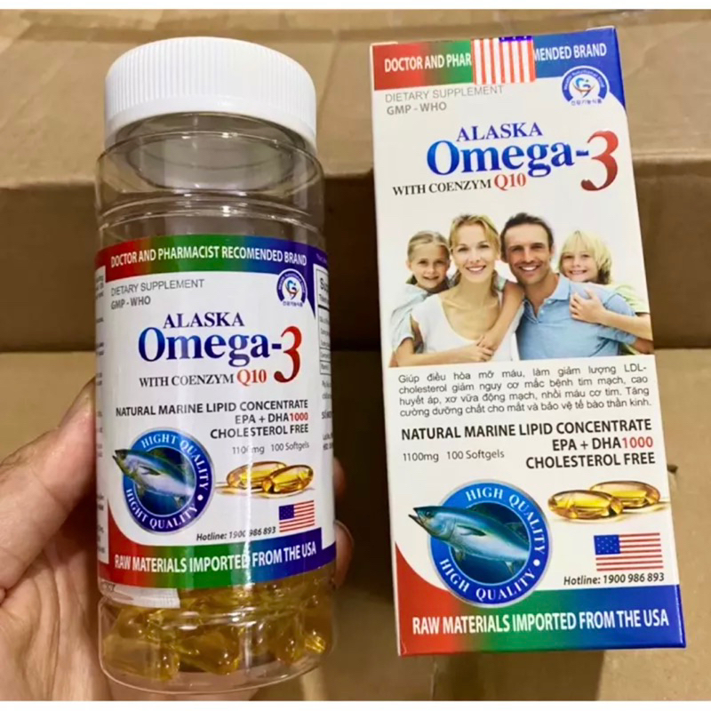 Viên dầu cá ALASKA OMEGA 3 With Coenzym Q10 - Giúp bổ não ,sáng mắt ,khỏe tim mạch - Hộp 100 viên