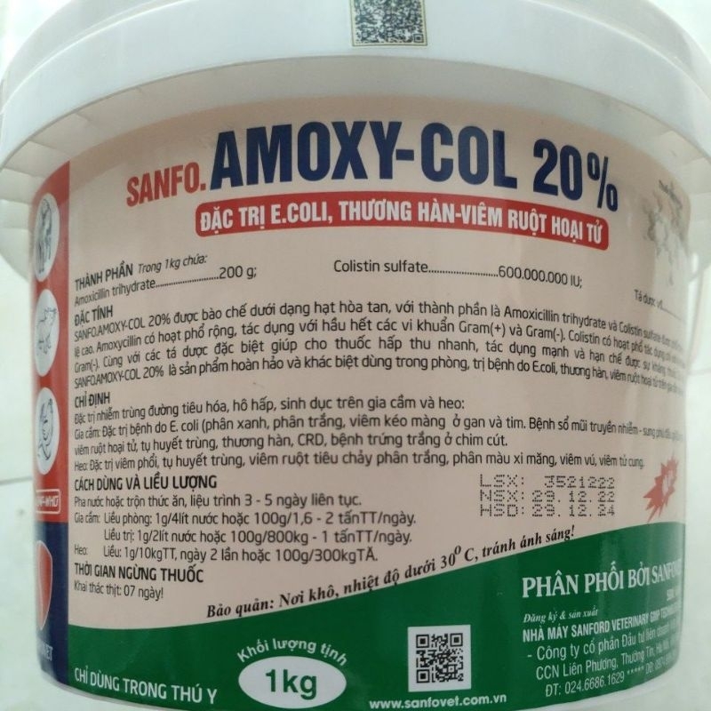 Sanfor - AMOXY COL 20%( amox colis) 100g chuyên Ecoli, Thương hàn, Viêm ruột hoại tử trên vật nuôi