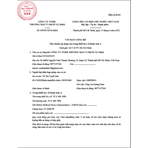 TCA MK 50% Giúp Xử Lý Sùi Mào Gà, Mụn Cóc, Gai Sinh duc 5ml