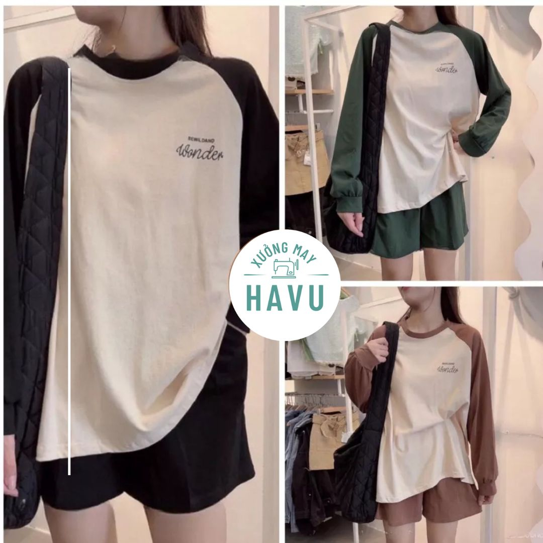 Set thể thao dài tay WONDER form thụng nhiều màu - Bộ đồ quần short ống rộng kèm áo thun raglan dài tay trẻ trung năng