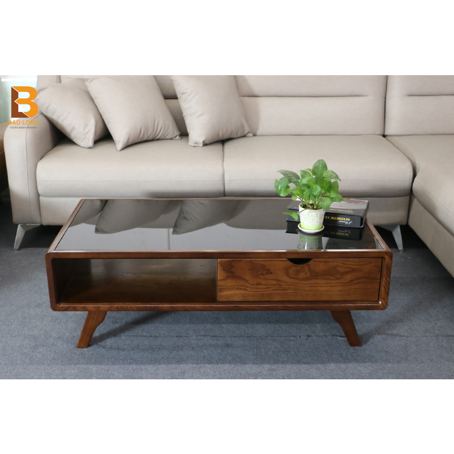 Bàn trà, bàn sofa gỗ sồi Bảo Long, Bàn tiếp khách mặt kính cường lực, 4 chân chắc chắn