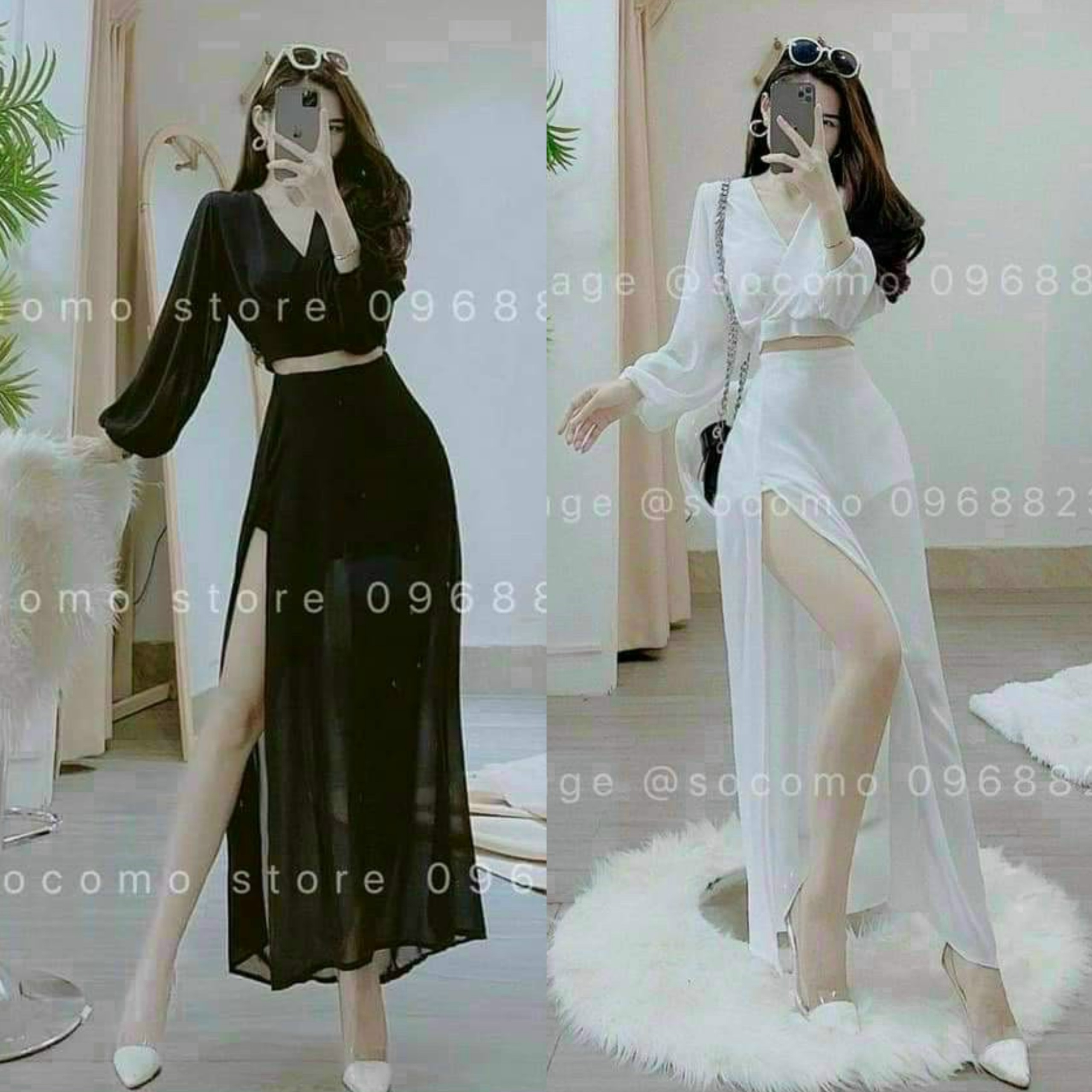 Set đồ bộ áo voan dài tay mix quần váy sẻ tà siêu xinh phù hợp đi chơi, diện tiệc
