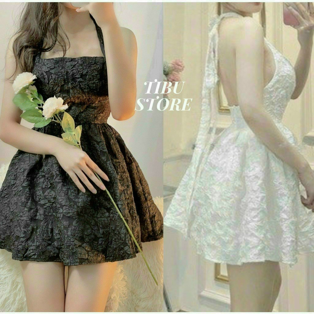 Đầm công chúa dáng xòe xếp ly kèm dây vòng cổ chéo lưng duyên dáng đáng yêu
