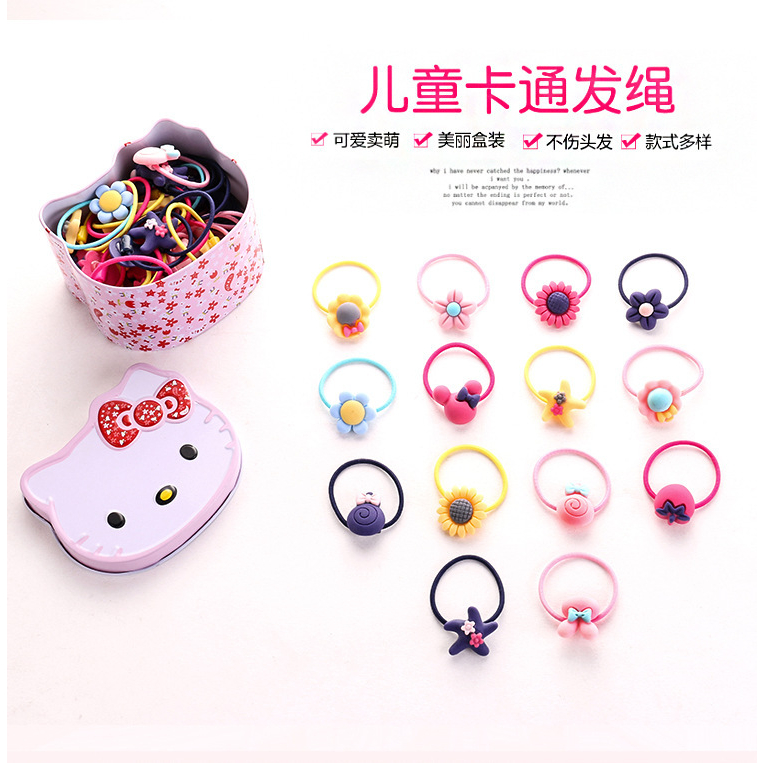 Set 40 Dây Buộc Tóc Cute Cho Bé Hộp Kitty Thiếc