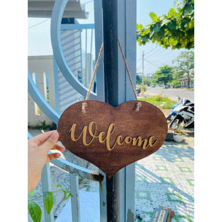 Bảng gỗ dán chữ 2 mặt treo cửa mẫu hình trái tim "mời vào-cảm ơn" - Xưởng LUXI decor