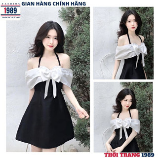 Váy tiểu thư dáng xòe chữ A trễ vai đính nơ màu đen🦋 đầm nữ cổ yếm buộc dây hở vai đi chơi dự tiệc sang chảnh hàn quốc