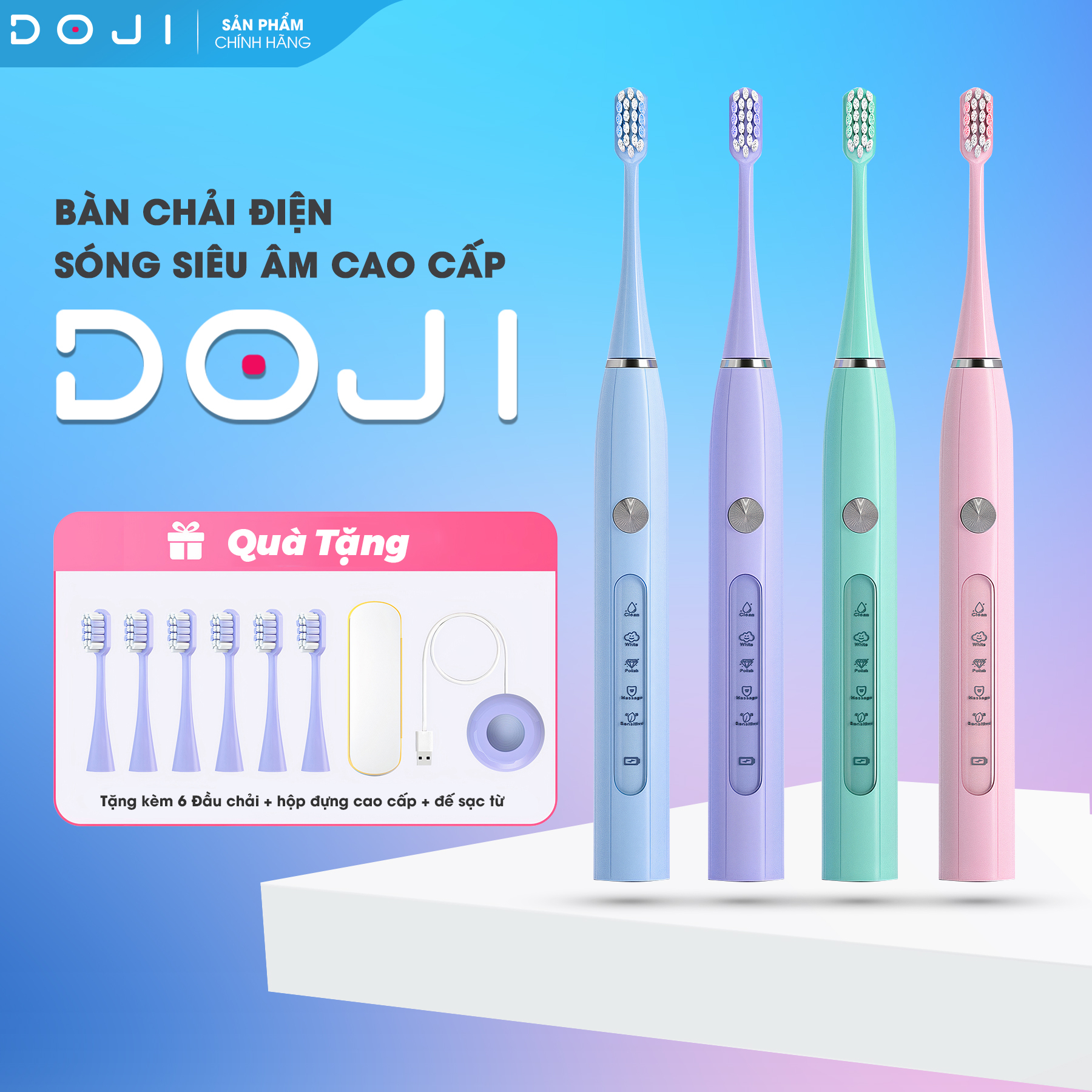 Bàn chải điện OKTOOTH cao cấp, Công nghệ sóng âm với lông mềm kháng khuẩn, 5 chế độ, Tặng hộp đựng và 6 đầu chải, Doji