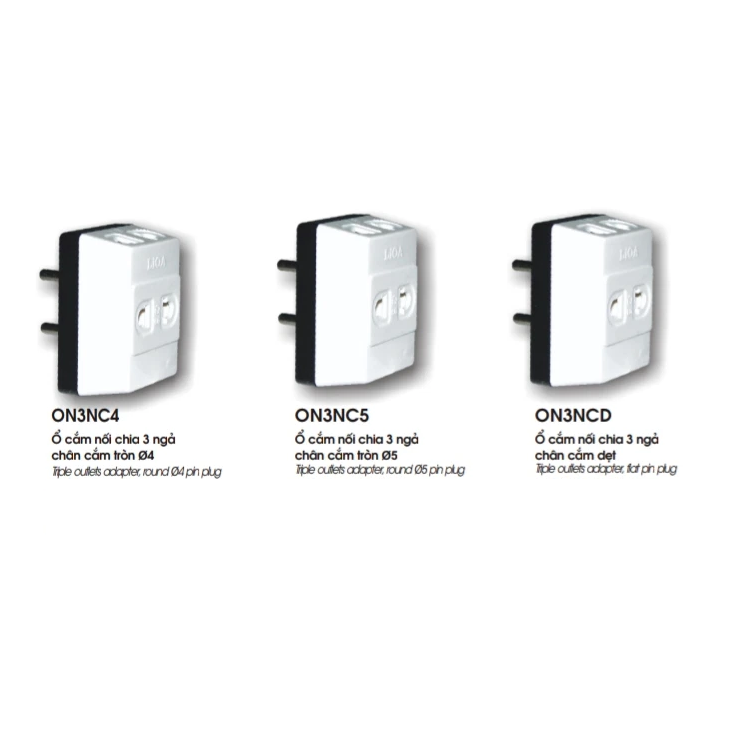 Ổ cắm Lioa ON3N chia 1 lỗ ra 3 lỗ cắm, chân cắm đa năng phi 5 - chân dẹp, nhựa cao cấp chịu nhiệt tốt