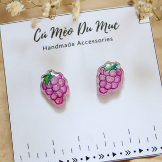 Hoa tai Bông tai thép không gỉ resin vẽ tay handmade hình chùm nho đáng yêu