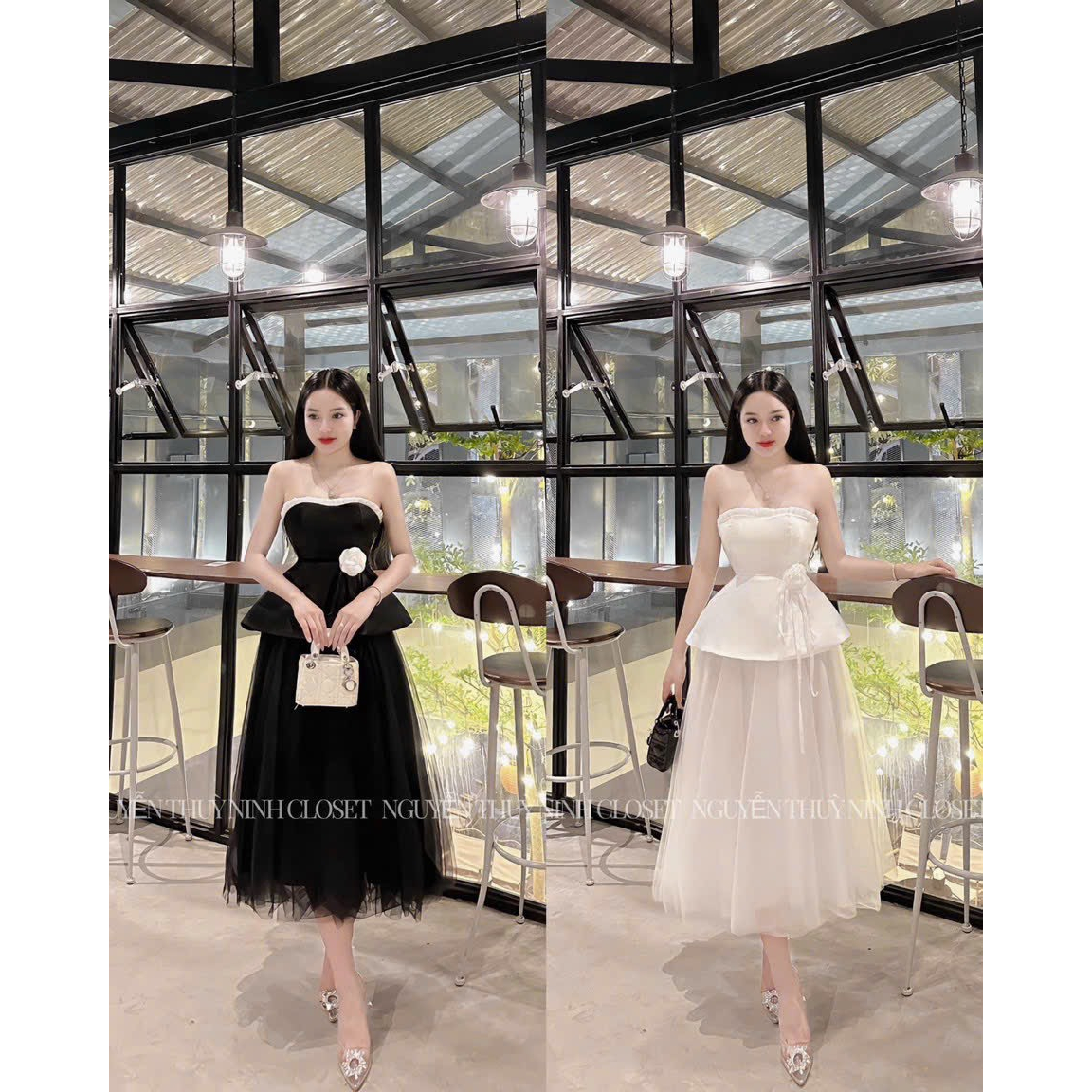 [789] Sét bộ áo tapta trễ vai ( có mút ngực ) họa tiết đính bông eo thanh lịch quý phái mix chân váy lưới tôn dáng