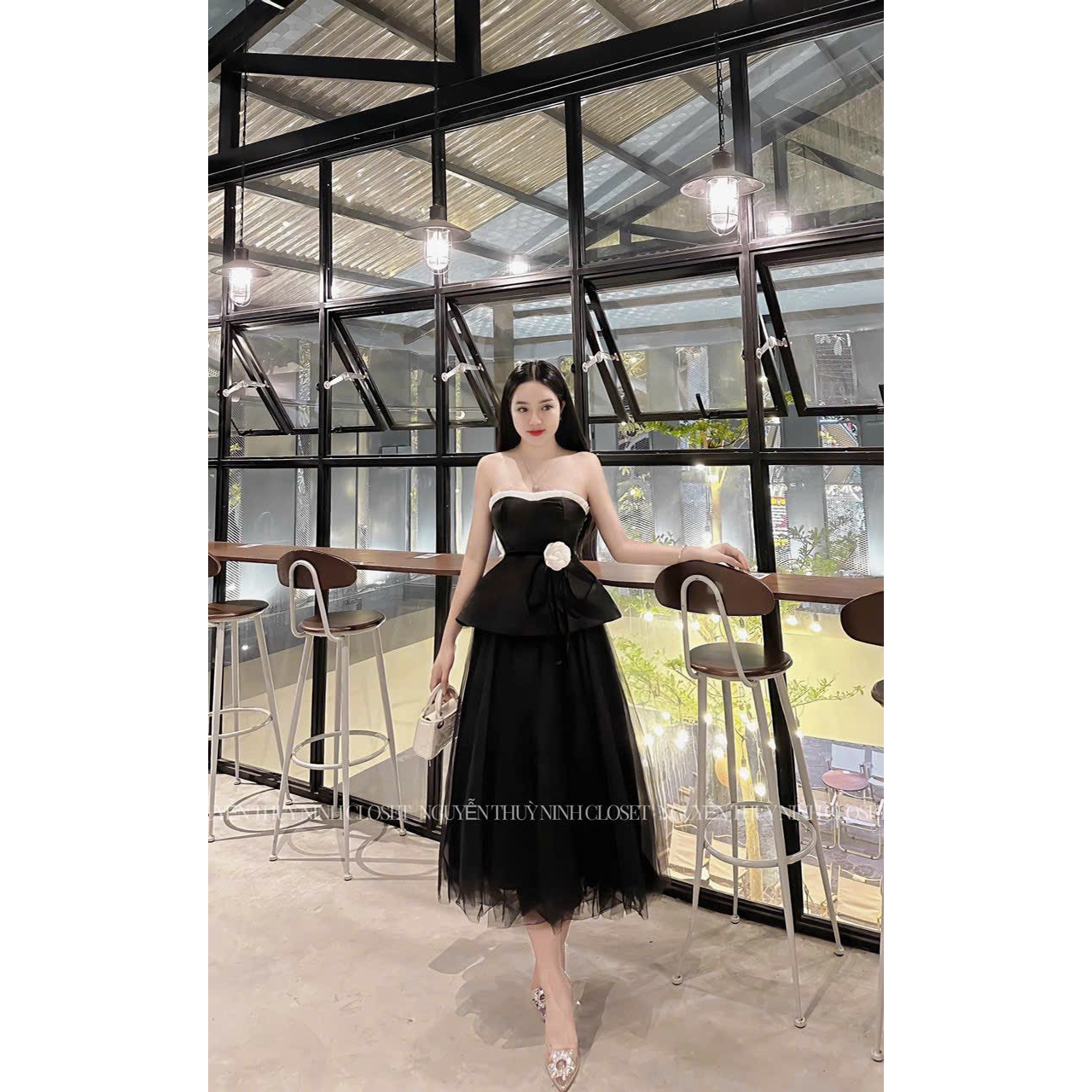 [789] Sét bộ áo tapta trễ vai ( có mút ngực ) họa tiết đính bông eo thanh lịch quý phái mix chân váy lưới tôn dáng