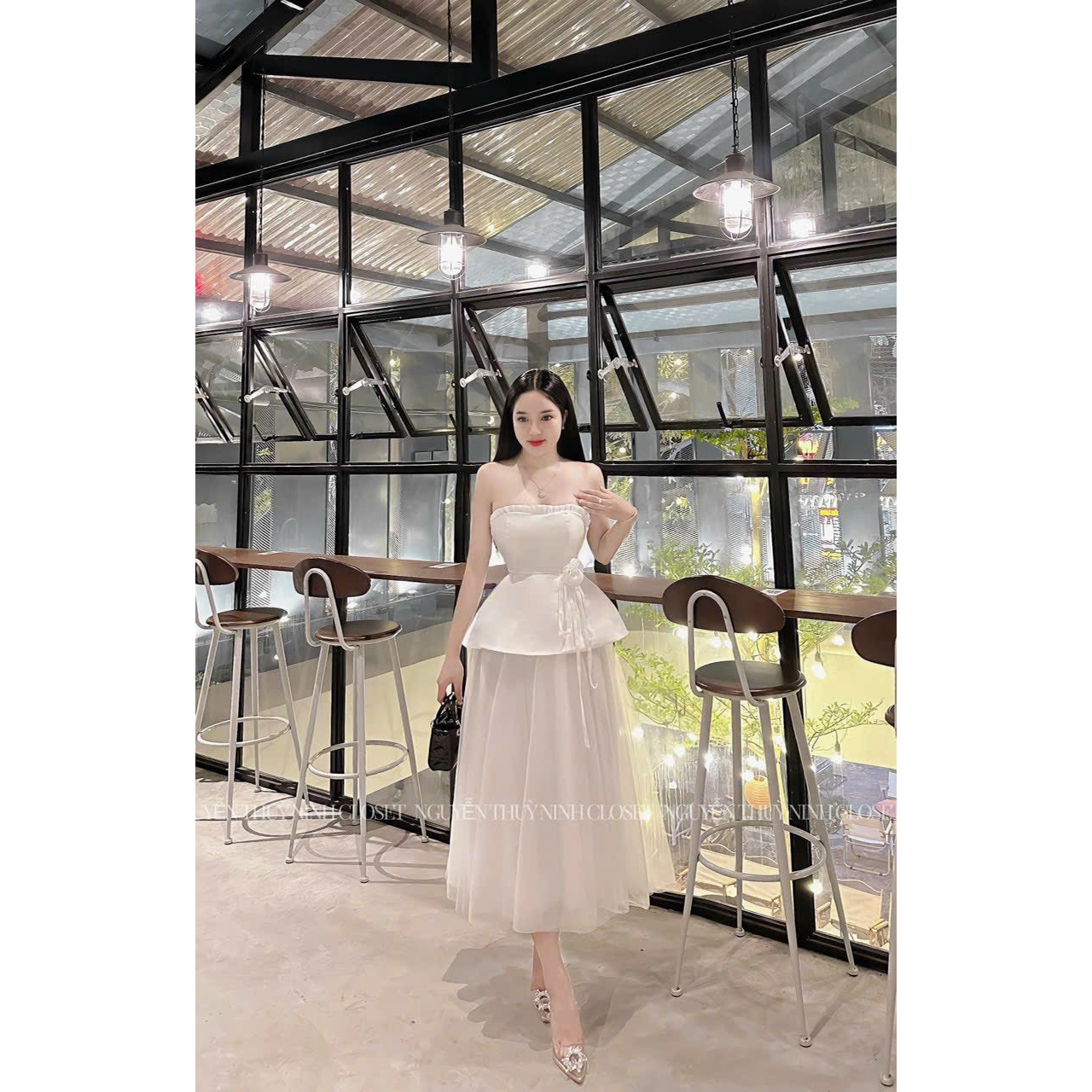 [789] Sét bộ áo tapta trễ vai ( có mút ngực ) họa tiết đính bông eo thanh lịch quý phái mix chân váy lưới tôn dáng