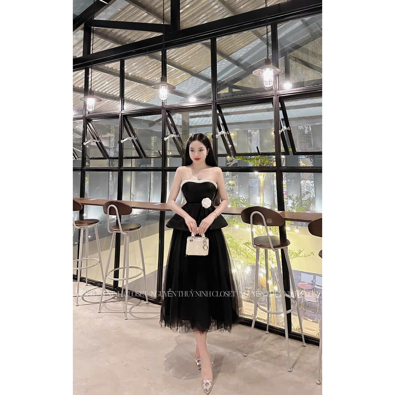 [789] Sét bộ áo tapta trễ vai ( có mút ngực ) họa tiết đính bông eo thanh lịch quý phái mix chân váy lưới tôn dáng