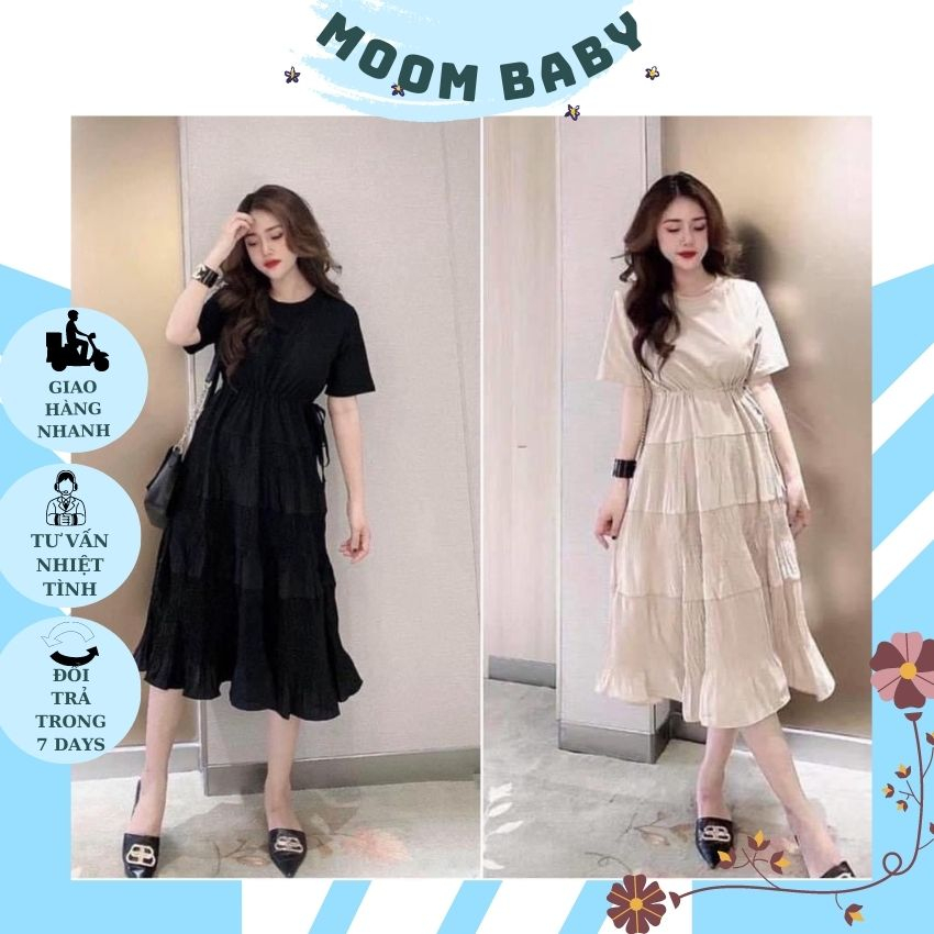 VÁY BẦU THIẾT KẾ DỰ TIỆC CÔNG SỞ MÙA HÈ-ĐẦM BẦU DÁNG XUÔNG TẦNG NHÚN CHẤT COTTON PHỐI VOAN CAO CẤP