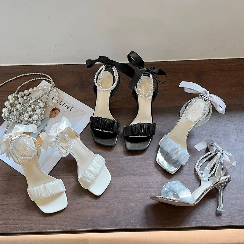 GIÀY SANDAL CAO GÓT S70 NỮ QUAI NGỌC GÓT NHỌN 7P MÀU ĐEN, TRẮNG SANG CHẢNH, QUÝ PHÁI