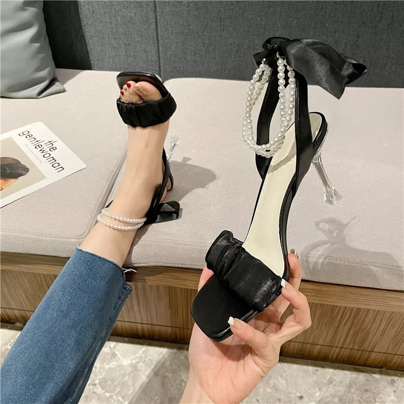 GIÀY SANDAL CAO GÓT S70 NỮ QUAI NGỌC GÓT NHỌN 7P MÀU ĐEN, TRẮNG SANG CHẢNH, QUÝ PHÁI