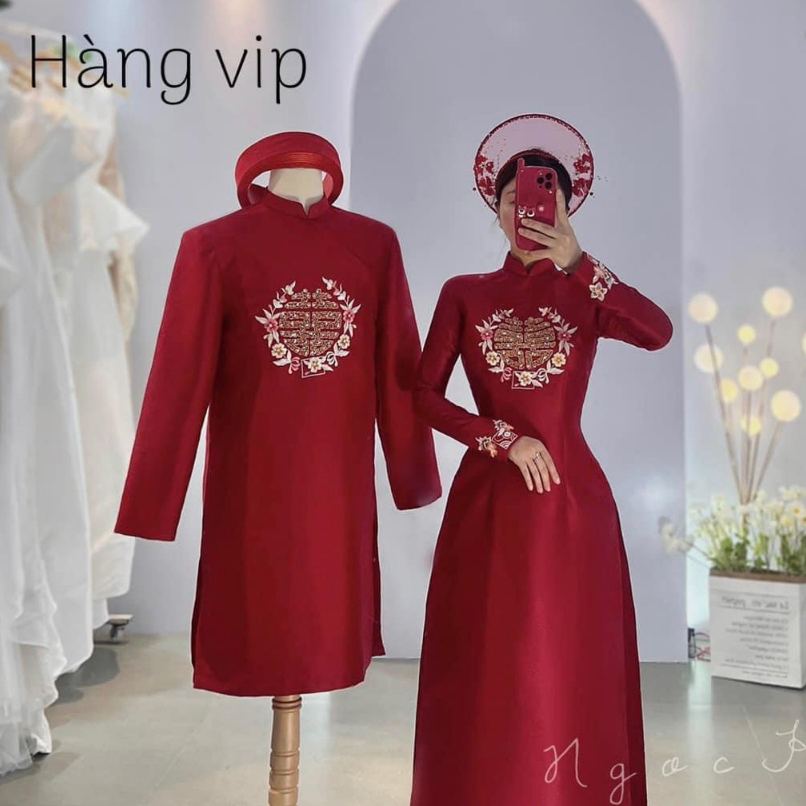 Bộ Áo Dài Cặp Nam,Nữ Đính Kết Thủ Công,Áo Dài Truyền Thống 2 Tà Chất Liều Taffta Cao Cấp