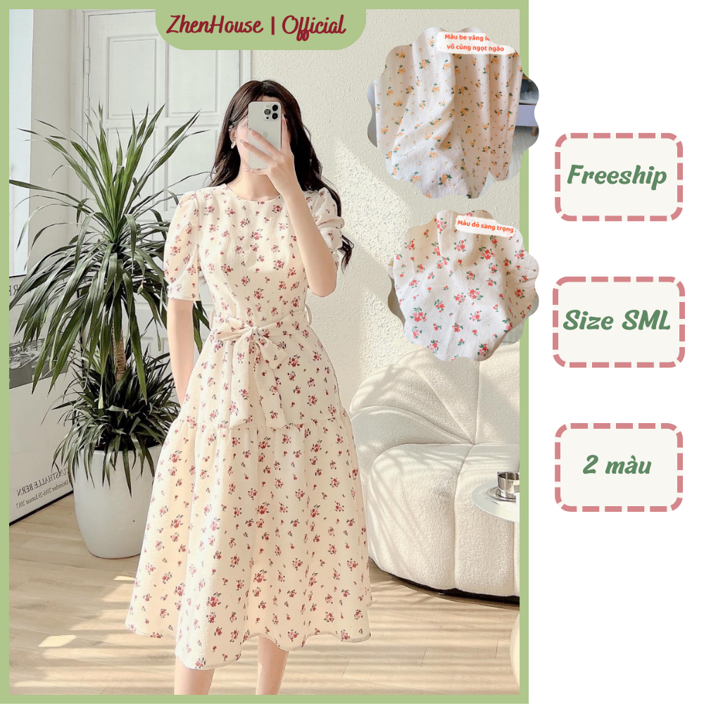 Váy Đầm Hoa Nhí Chất Đũi Xốp Bồng Đẹp Thắt Nơ Tay Đính Ngọc VH01 ZhenHouse