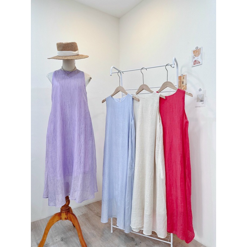 Đầm maxi đũi xốp cổ tròn sát nách dáng dài xoè có túi
