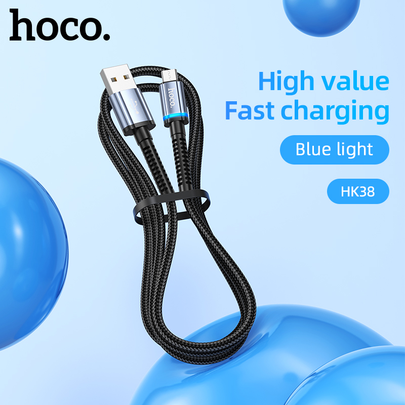 Cáp sạc nhanh báo đèn Hoco HK38 3A cổng LN / Type-C / Micro-USB (tùy chọn) dài 1M - Hãng phân phối