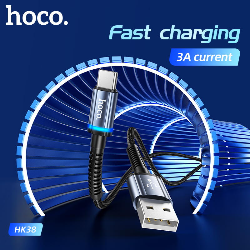 Cáp sạc nhanh báo đèn Hoco HK38 3A cổng LN / Type-C / Micro-USB (tùy chọn) dài 1M - Hãng phân phối