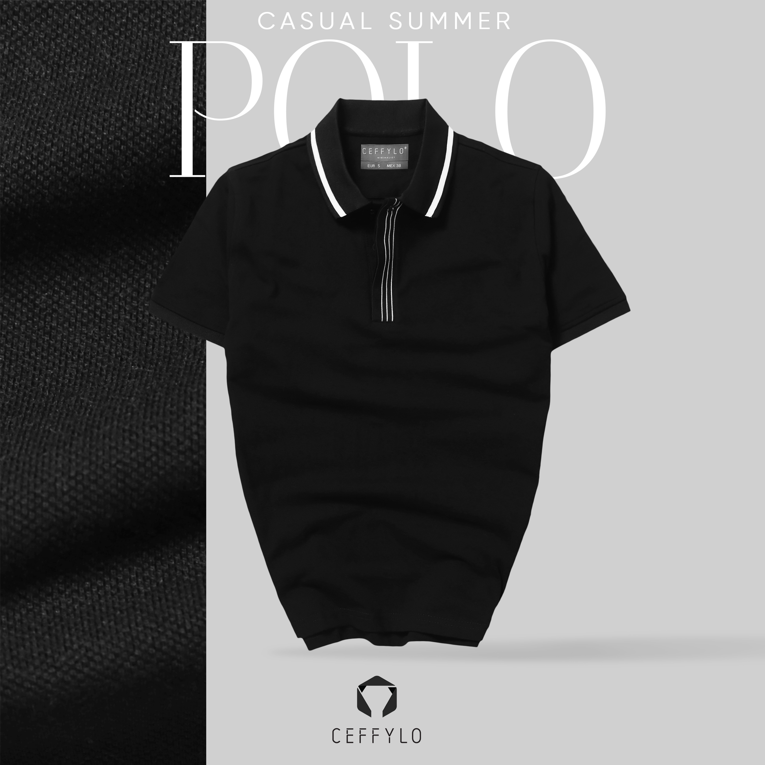 Áo Polo Nam Phối Nẹp Kẻ 3 Sọc Ceffylo Màu Đen Chất Liệu Cotton Thoáng mát Hạn Chế Nhăn Co Dãn Tốt Thời Trang Nam