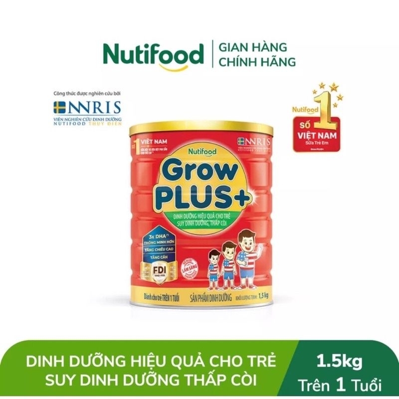 Sữa bột Nuti Grow Plus Đỏ lon 1,5kg cho bé thấp còi. HSD 04/2025