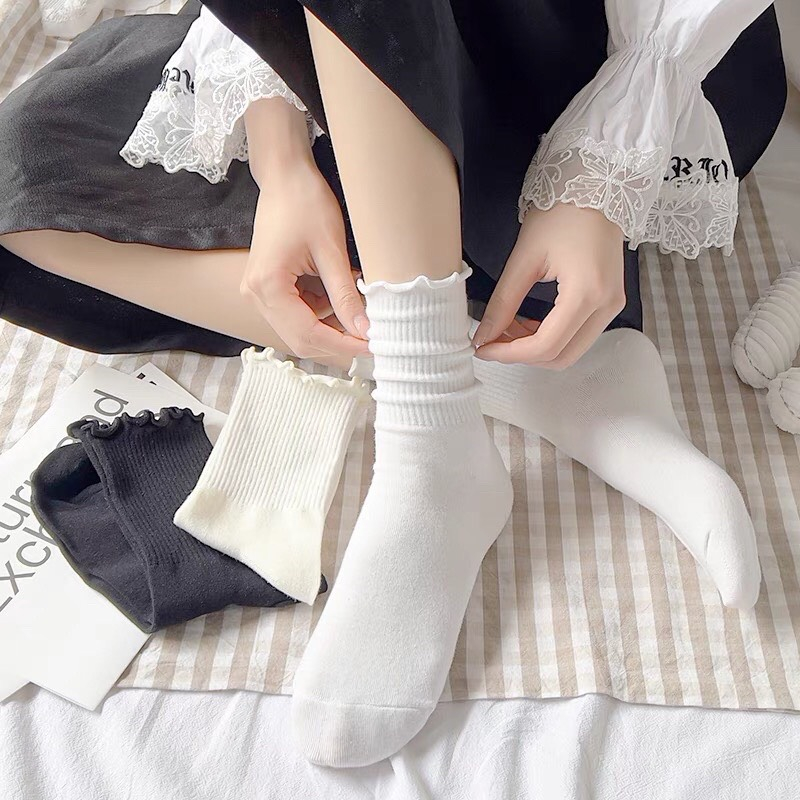 Tất nữ cổ cao bèo nhún, tất chân Lolita thời trang vintage Hàn Quốc