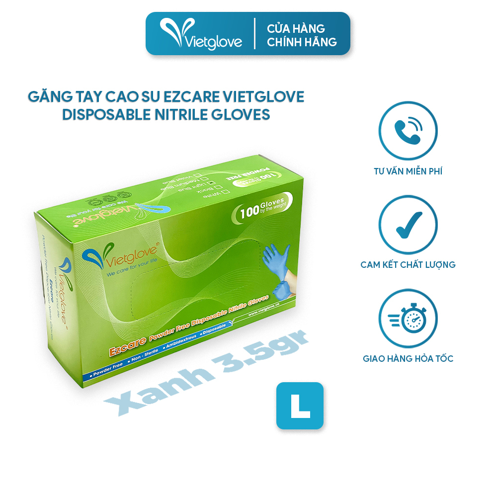 Găng tay cao su Ezcare Vietglove Disposable Nitrile Gloves 3.5 gram size L màu xanh nhạt 100 chiếc