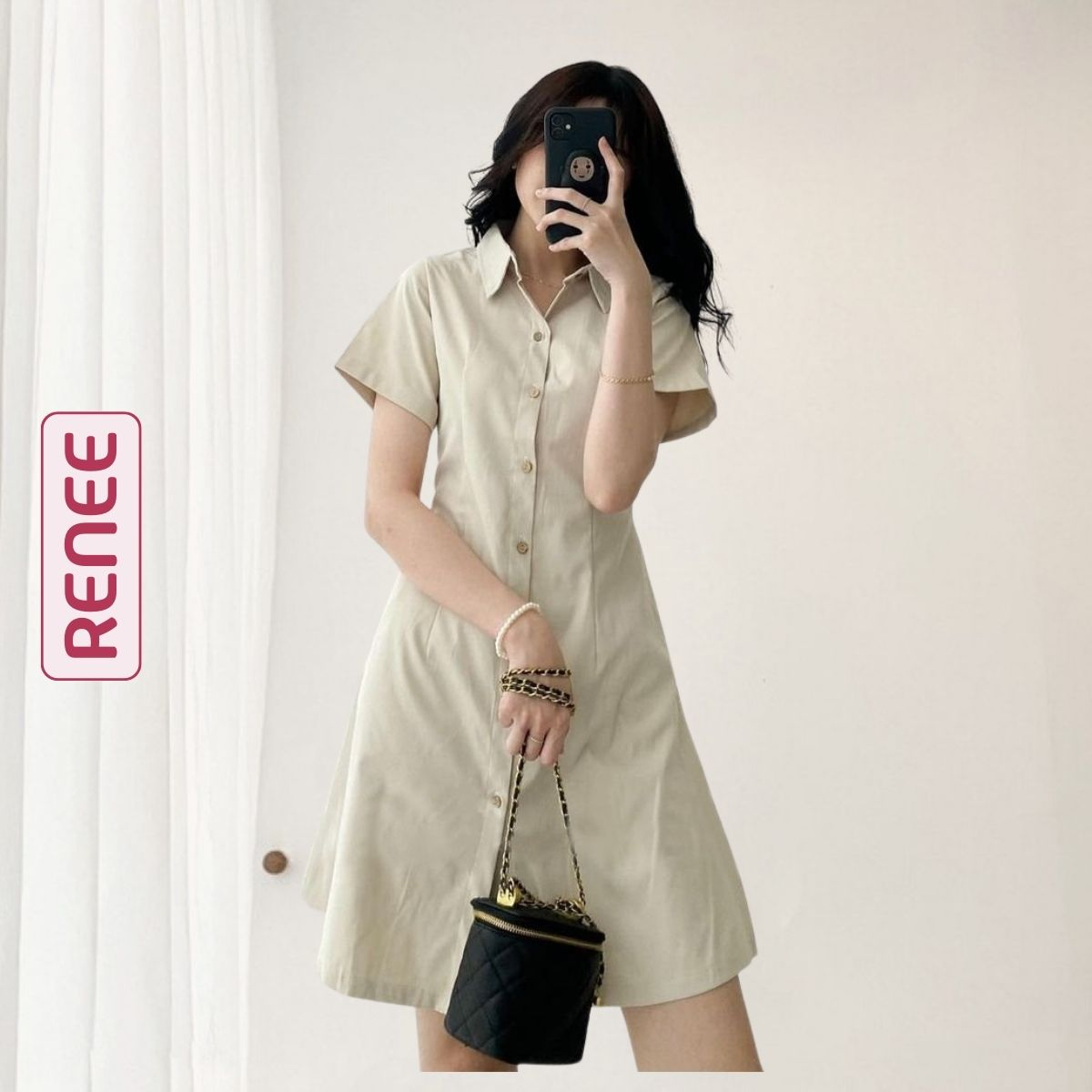 Váy sơ mi nữ tay ngắn chiết eo lưng chun, váy polo cổ sơ mi basic phong cách ulzzang Hàn Quốc - V220
