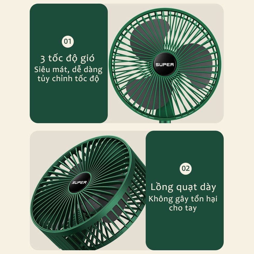 Quạt Tích Điện Để Bàn Mini Melli Gấp Gọn Kéo dài 3 Tốc Độ Gió Xoay 360 Độ Cổng Sạc Usb Tiện Dụng Pin Lớn 1200mAh