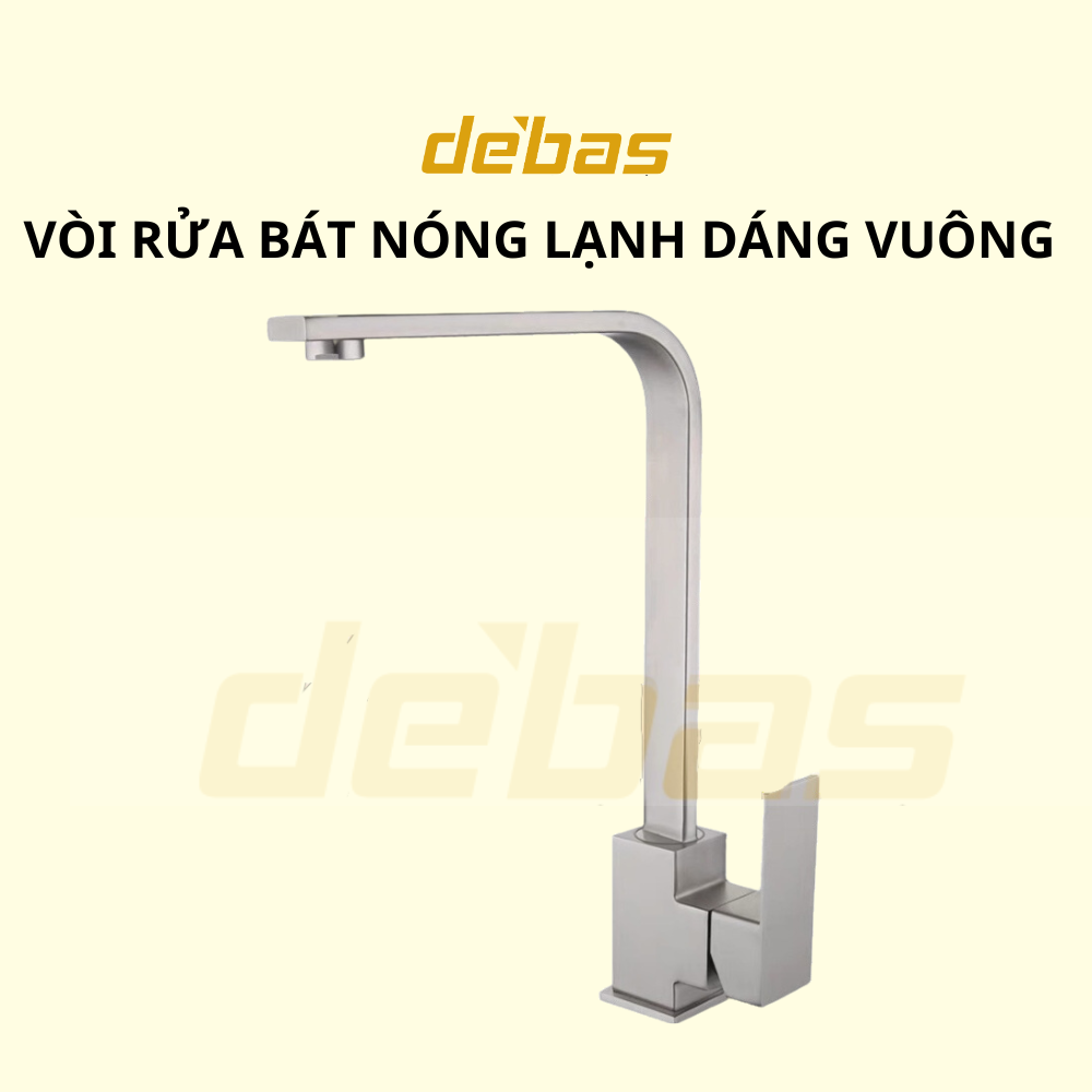 Vòi rửa chén bát xoay 360 độ cao cấp dáng vuông nóng lạnh inox 304 Debas V7215