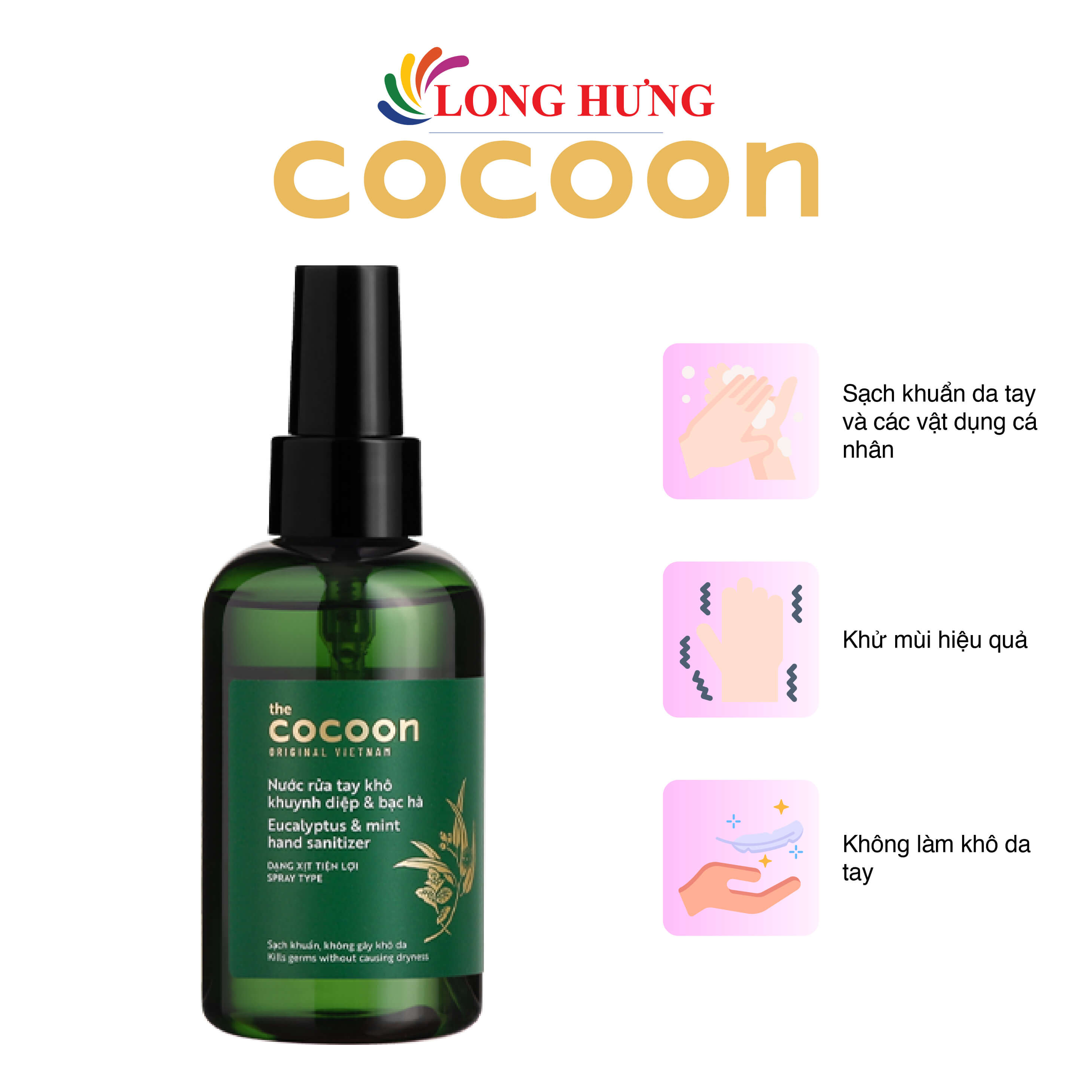 Nước rửa tay khô khuynh diệp và bạc hà Cocoon giúp sạch khuẩn, không gây khô da (140ml)