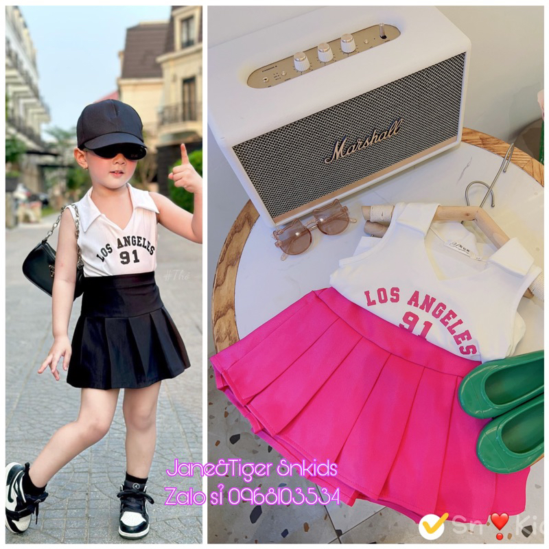 (8-30kg) sỉ set váy xếp ly chéo hàn áo cotton sát nách bé gái Jane snkids