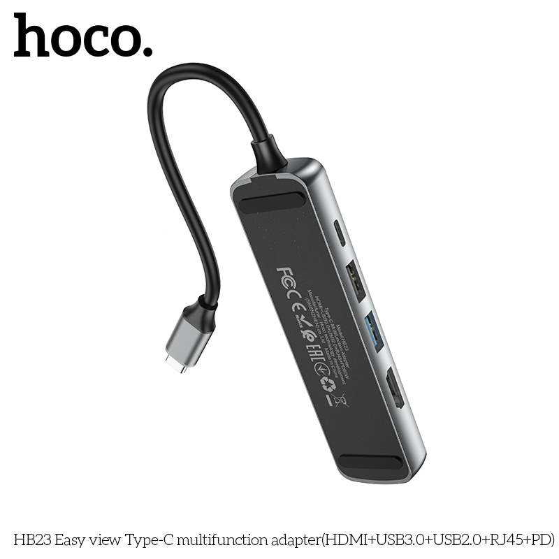 Bộ chuyển đổi Hoco HB23 Easy View Type-C ra HDMI + USB3.0 + USB2.0 + RJ45 + PD TypeC 60W (Xám) - Hãng phân phối