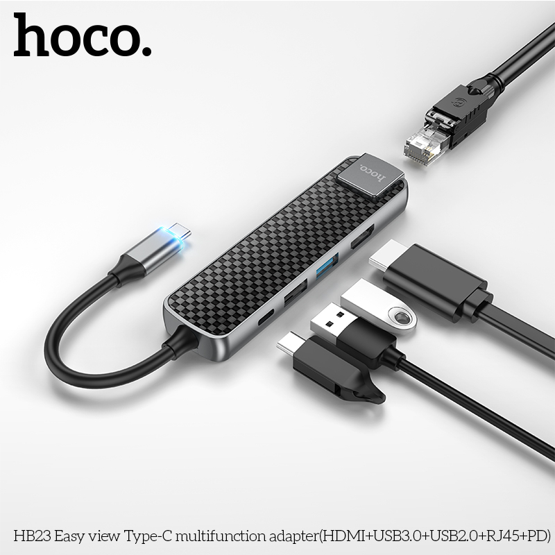 Bộ chuyển đổi Hoco HB23 Easy View Type-C ra HDMI + USB3.0 + USB2.0 + RJ45 + PD TypeC 60W (Xám) - Hãng phân phối