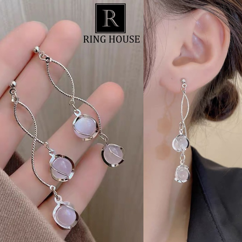 E166 Khuyên tai nữ bông tai nữ hoa thả đá mắt mèo sáng đẹp dự tiệc Ring House