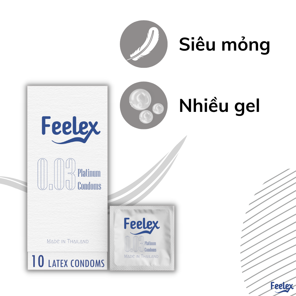 Bao cao su Feelex 0.03 Platinum, siêu mỏng, nhiều gel bôi trơn, xuất xứ Thái lan - Hộp 10 bcs