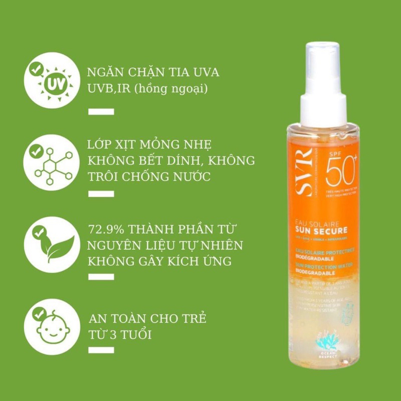 Xịt Chống Nắng Toàn Thân SVR EAU SOLAIRE SUN SECURE SUN PROTECT WATER SPF50 Bảo Vệ Da Toàn Diện 150ml