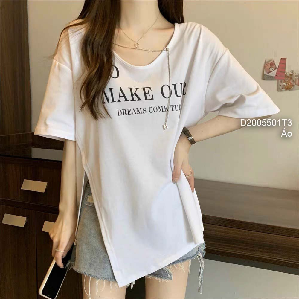 Áo thun frorm rộng xẻ tay con phối chữ hàng Quảng Châu