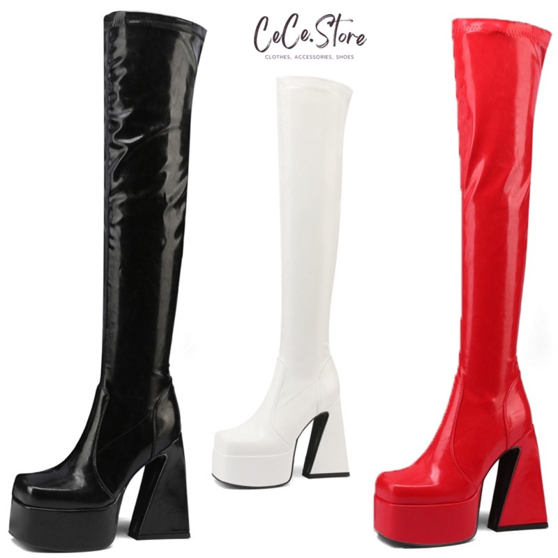 SẴN BOOT 14CM DA BÓNG KHOÁ KÉO QUA GỐI ÔM SÁT SEXY DANCER 14CM GÓT VUÔNG CECE.STORE BTG
